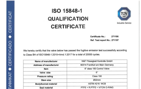 维替ISO15848调节阀证书